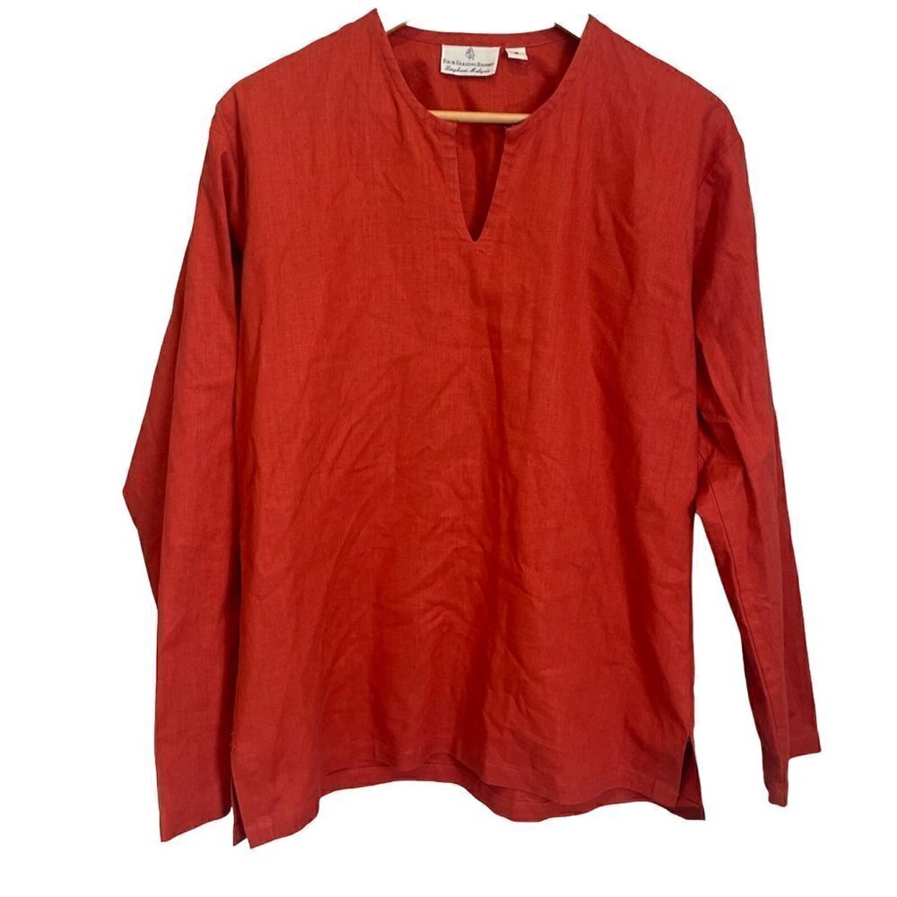 Four Seasons Resort Women Small Linen Tunic Top Red Rust Long Sleeve Vacation
